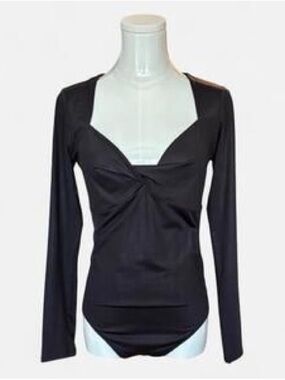 Express Black Long-Sleeve Twist-Front Contour Bodysuit